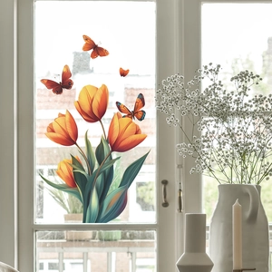 Self-adhesive wall sticker featuring vibrant orange tulips and butterflies for home decor