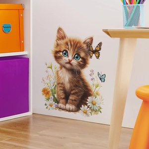 Cute brown kitten wall decal with blue eyes, daisies, and colorful butterflies