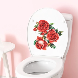 3D red rose waterproof PVC toilet seat sticker featuring watercolor flower decoration
