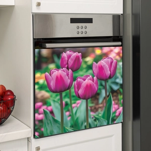 Kitchen cabinet dishwasher sticker featuring a realistic purple tulip field landscape decor