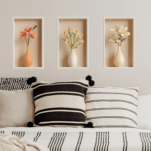 Three-piece 3D floral wall art set with vases and frames for modern bedroom decoration