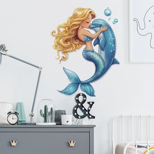 Sticker Mural Dessin Animé Sirène Et Dauphin Imperméable PVC Amovible Décalcomanie Pour Chambre D'Enfants Décoration