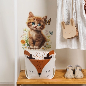 Cute orange cat and butterflies wall decals for kids bedroom decor in warm home setting