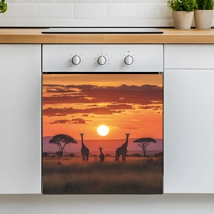 Sticker autocollant paysage de savane au coucher du soleil pour placard et lave-vaisselle