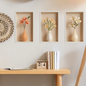 Set of three floral wall stickers with 3D relief visual effect in minimalist frames