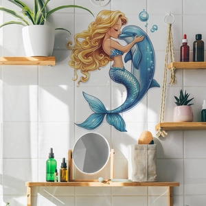 Sticker mural sirène et dauphin sur carrelage blanc dans un décor de salle de bain