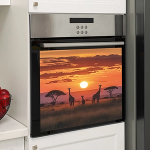 Autocollant pour lave-vaisselle paysage savane au coucher du soleil avec des girafes