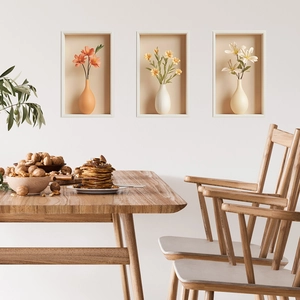 Set of 3 3D floral wall art stickers with minimalist vases for modern home decoration