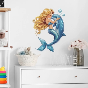 Sticker mural princesse sirène et dauphin bleu pour décoration de chambre d'enfant