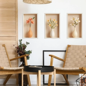 Three-piece set of modern floral wall art stickers with ceramic vases for home decor