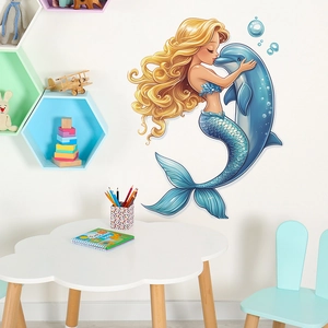 Stickers muraux sirène et dauphin bleu pour chambre d'enfant avec algues et bulles de mer