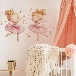Stickers Muraux Ballerine Aquarelle Rose Princesse Dansante Couronne d'Or Notes Musique PVC Amovible Décoration Chambre Enfant