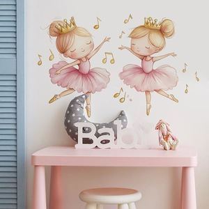 Stickers muraux ballerines à l'aquarelle avec couronnes dorées pour chambre d'enfant