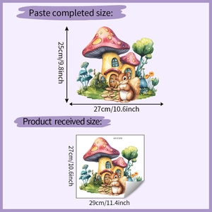 Detail view of mushroom house and squirrel wall stickers showing product dimensions