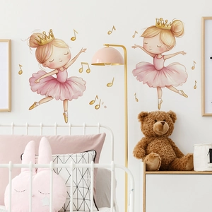 Stickers muraux ballerine aquarelle avec notes de musique dorées pour chambre d'enfant
