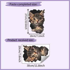 Dimensions du sticker mural chat 3D montrant la taille reçue et le rendu final