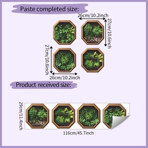 Detail view of hexagonal plant wall stickers with 11.4x45.7 inch size specifications