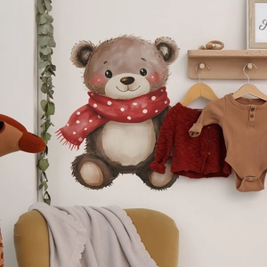 Cute Watercolor Brown Bear Wall Sticker With Red Polka Dot Scarf Removable PVC Self-Adhesive Decor For Kids Bedroom Nursery