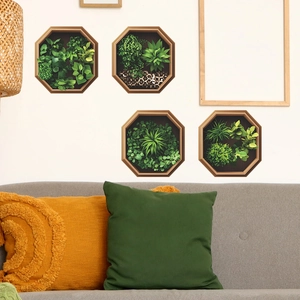 3D Effect Green Plant Wall Stickers Realistic Octagonal Frame Leaf Decals Removable PVC Mural For Living Room Bedroom Decor