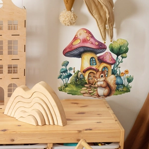 Whimsical mushroom house and squirrel wall decals for children's bedroom decor