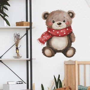 Cute watercolor brown bear wall sticker with red polka dot scarf for nursery decoration