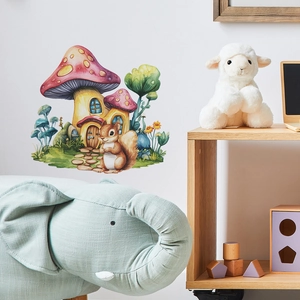 Cartoon mushroom house and squirrel wall stickers for kids bedroom nursery wall decor