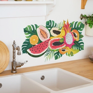 Stickers muraux fruits tropicaux avec pastèque et fruit du dragon pour la cuisine