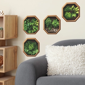 Set of four octagonal 3D wall stickers with green succulents and faux wood frame decor