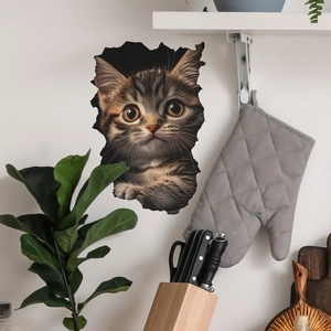 Sticker mural 3D chat tigré réaliste sortant d'un mur cassé pour décoration