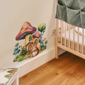 Mushroom house and squirrel wall stickers for kids nursery in cozy watercolor style