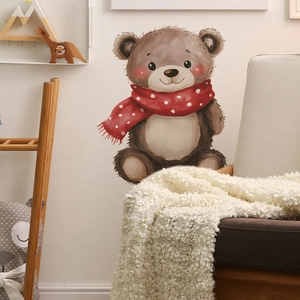 Cute cartoon brown bear wall sticker with red polka dot scarf for nursery home decor