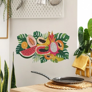 Stickers muraux fruits tropicaux et feuilles de palmier pour cuisine avec pastèque et papaye