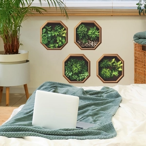 Set of 4 octagonal green plant wall stickers with wooden frames for bedroom decor