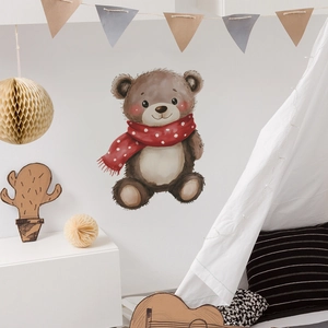 Cute watercolor bear wall sticker with a red polka dot scarf for nursery bedroom decor