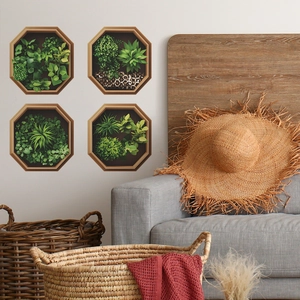 Set of four octagonal wooden wall art frames featuring 3D artificial succulents and greenery