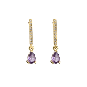 Detail of 18K gold plated drop earrings with white crystals and purple pear-cut zircon