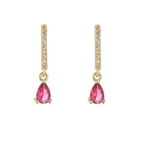 Detail of 18K gold-plated earrings with pink pear-cut stone and micro-pave zircons
