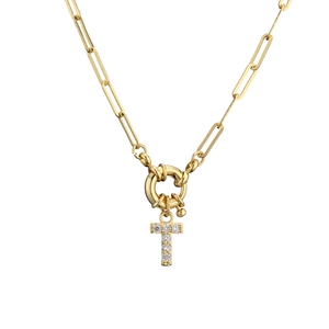 Collier chaîne trombone en acier plaqué or 18K avec pendentif lettre T pavé de zircons