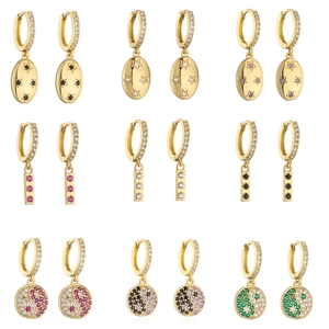 Boucles d'Oreilles Pendantes en Cuivre avec Strass pour Femmes Plaquées Or Étoile Tai Chi Yin Yang Oval Bar Drop Huggie Hoop Bijoux de Mode Cadeau
