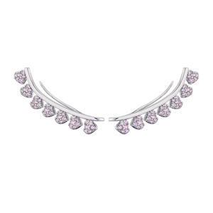 Detailed view of silver heart ear crawlers with sparkling pink micro-pave zircons