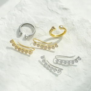 18K Gold Plated Brass Cubic Zirconia Heart Jewelry Set For Women Open Adjustable Ring And Heart Ear Climber Earrings