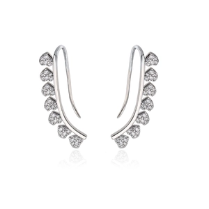 Silver color ear climbers with seven micro-paved heart zircons on a white background