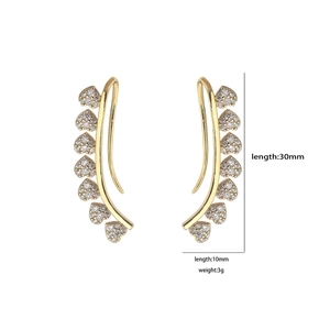 Detailed specs of 30mm gold heart ear climbers with micro zircon insets for women