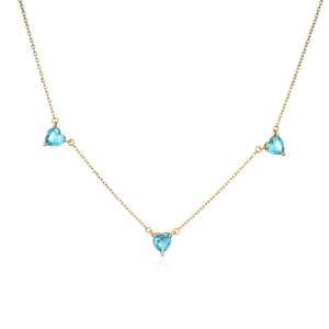 Elegante Goldkette mit drei herzförmigen blauen Zirkonia-Steinen an feiner Kette