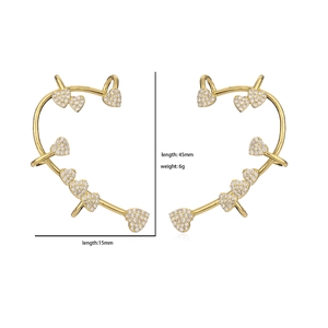 Gold plated heart ear crawlers with micro paved cubic zirconia crystals and 45mm length