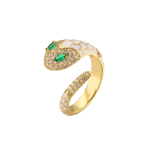 Anello a serpente dorato con testa in zirconi e squame di smalto bianco, design aperto