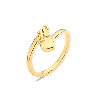 Anillo abierto pulido en oro de 18K con corazón 3D y letras del alfabeto J L