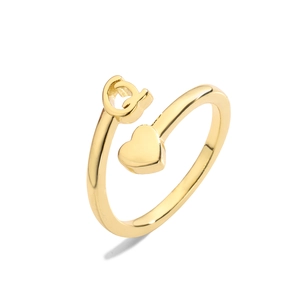 Anillo abierto de latón chapado en oro de 18K con diseño de corazón y letra Q