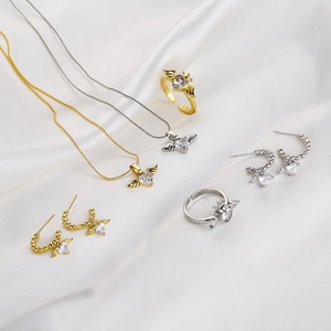 Copper Rhinestone Angel Wings Heart Jewelry Set Necklace Adjustable Ring Drop Earrings For Women Elegant Romantic Accessories