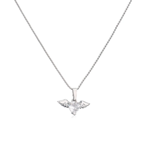 Romantic heart pendant necklace with silver angel wings and clear zircon crystal